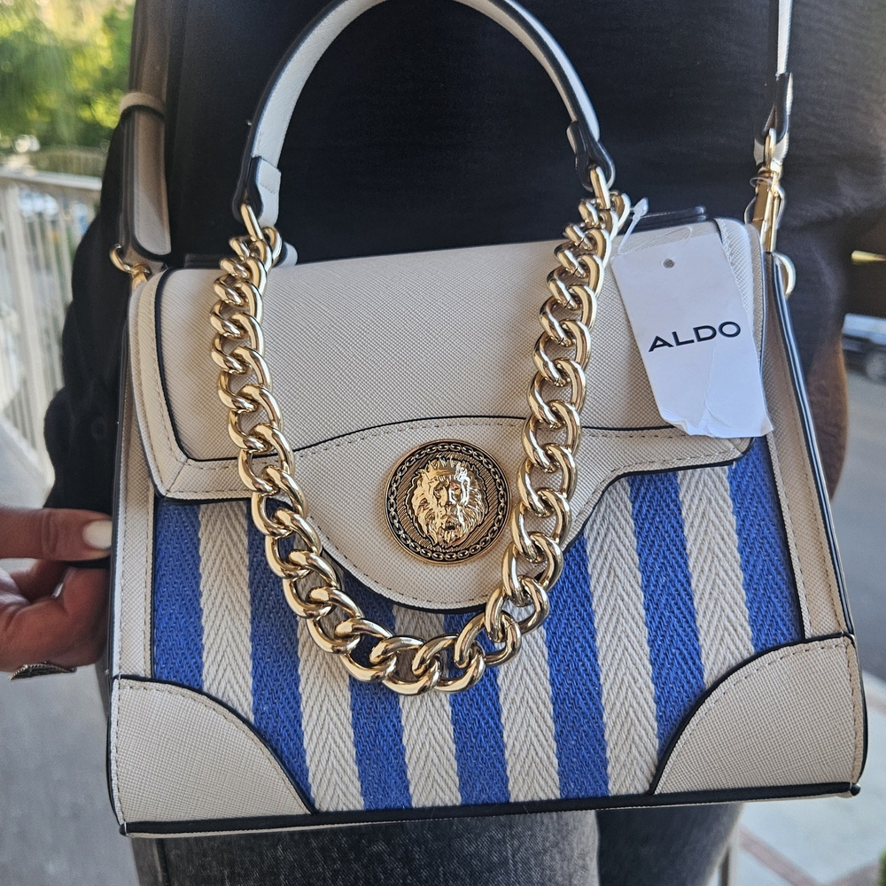 Aldo Striped Blue and Cream Satchel with Gold Accents